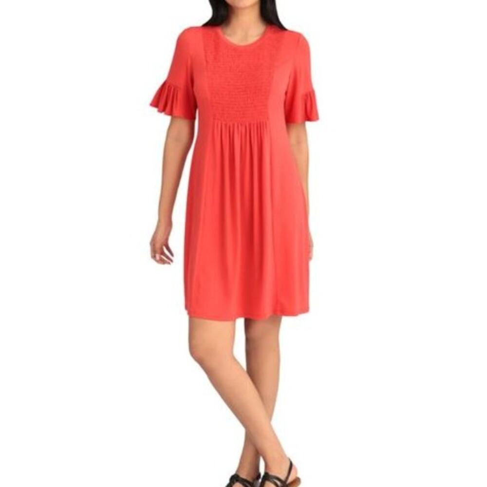 London Times Jersey Smocked Short Sleeve Baby Doll Dress In Coral NWT Size 4